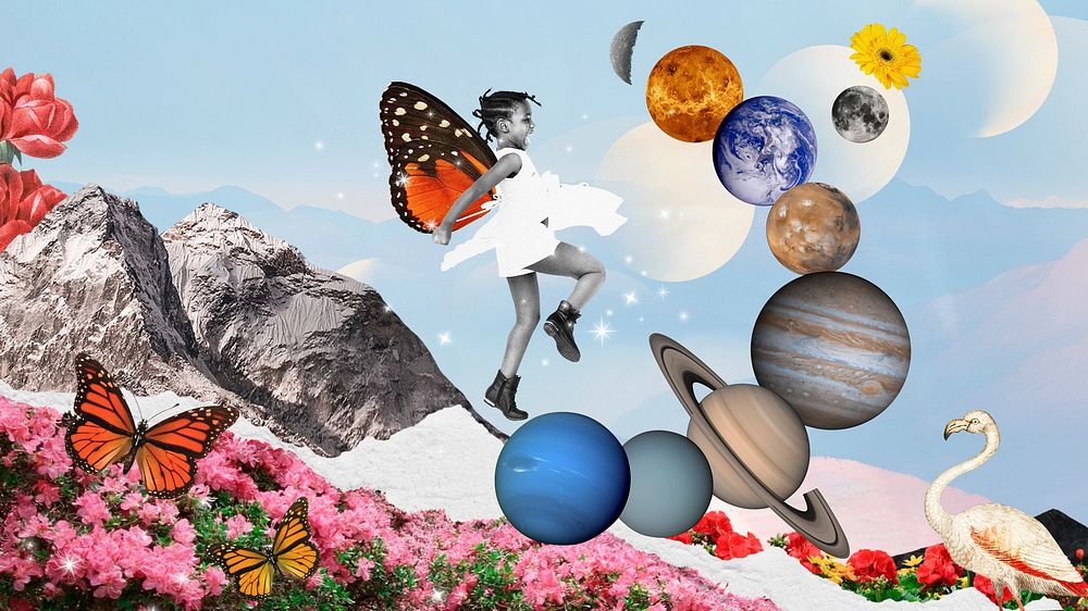 Galaxy collage art desktop wallpaper, planet in solar system background