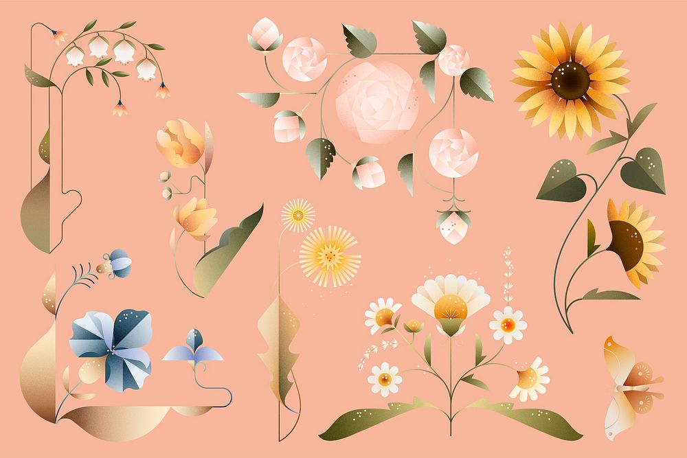 Pastel geometric flowers illustration psd set