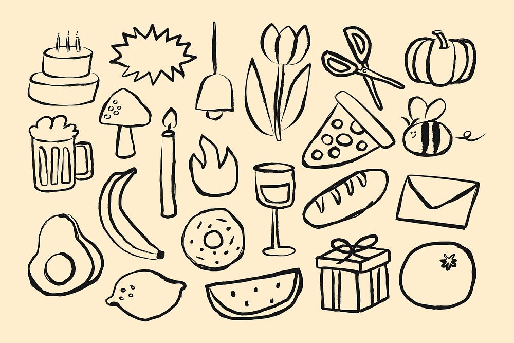 Cute food & decor illustrations set psd