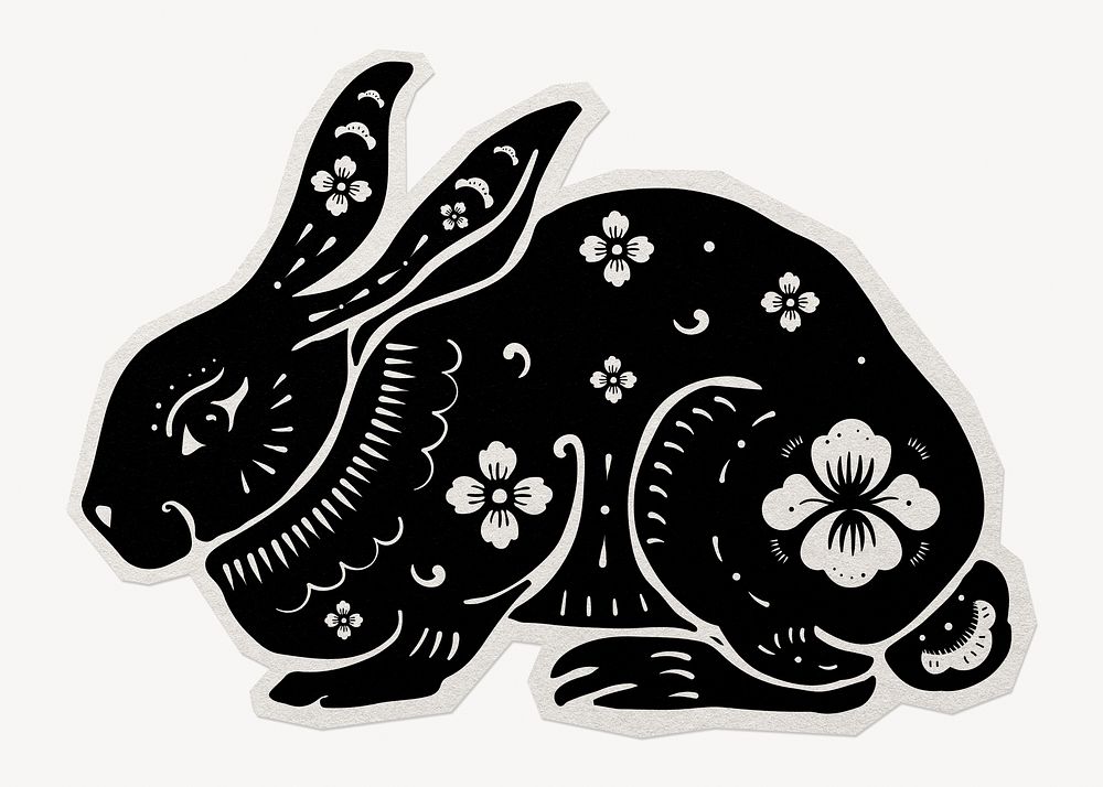 Chinese New Year rabbit  black animal zodiac sign paper element with white border