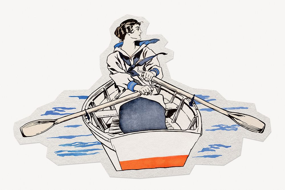Woman rowing in the river paper element with white border 