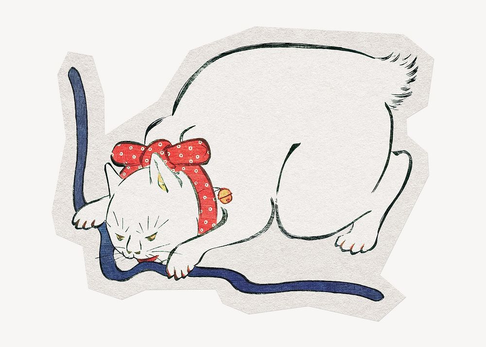 Vintage white cat paper element with white border 