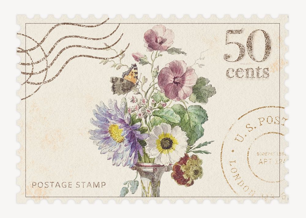 Ripped paper mockup, vintage postage stamp, flower from William van Leen artwork psd. Remixed by rawpixel.