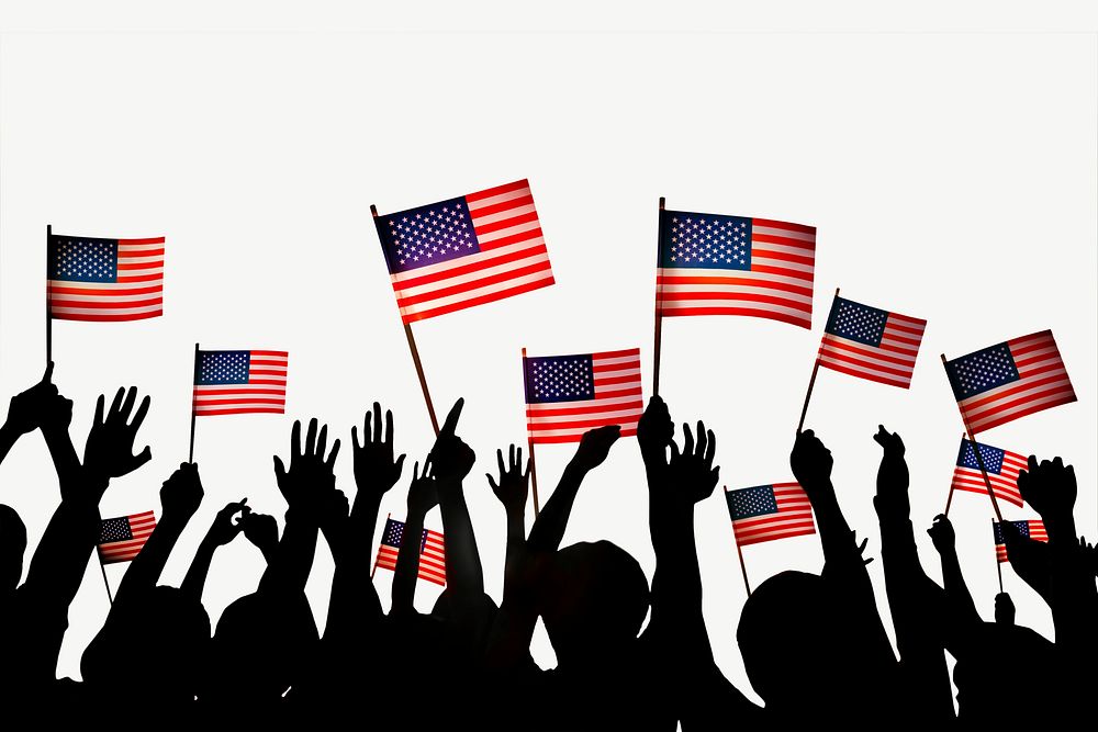 Group of people waving American flags collage element psd
