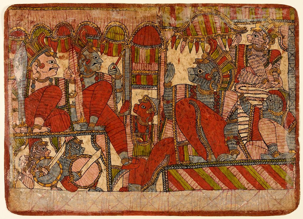 Rama and Lakshmana at Conference with Sugriva, the Simian King, and Companions, Scene from the Story of the Burning of…