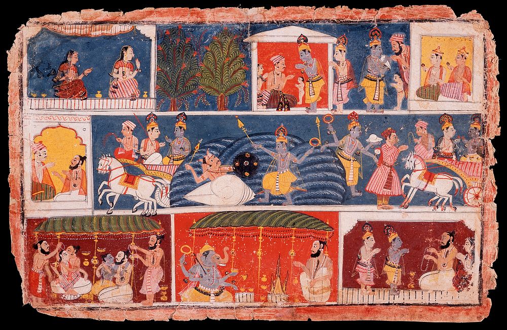Krishna Receives the Sacred Thread and Returns his Preceptor Sandipani's Son, Folio from a Bhagavata Purana (Ancient Stories…
