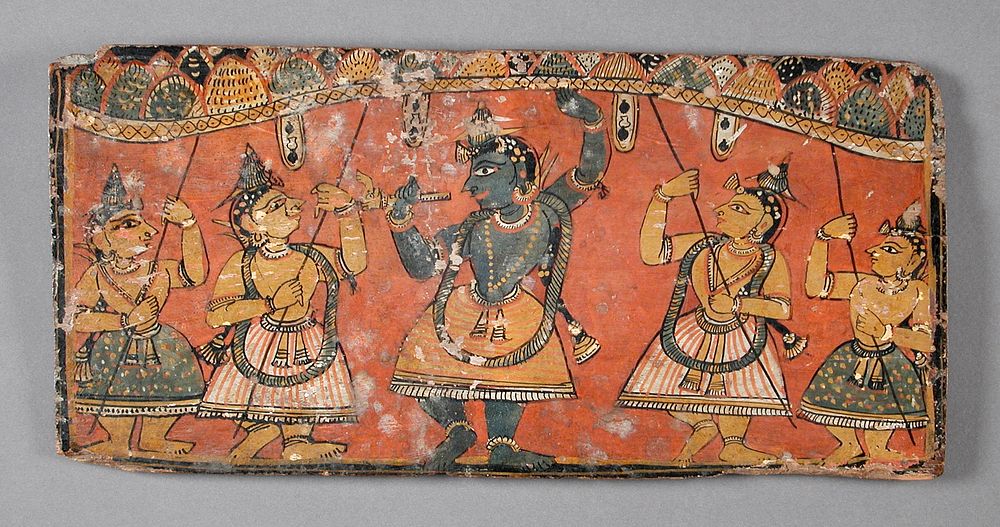 Manuscript Cover with Krishna Raising Mt. Govardhan (inside) and the Coronation of Rama (outside)