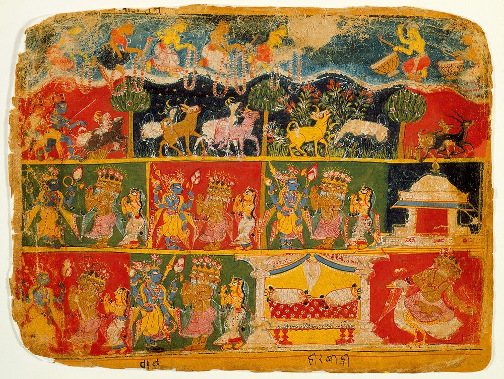 Brahma Salutes Krishna (recto); Text (verso); Folio from a Bhagavata Purana (Ancient Stories of the Lord)