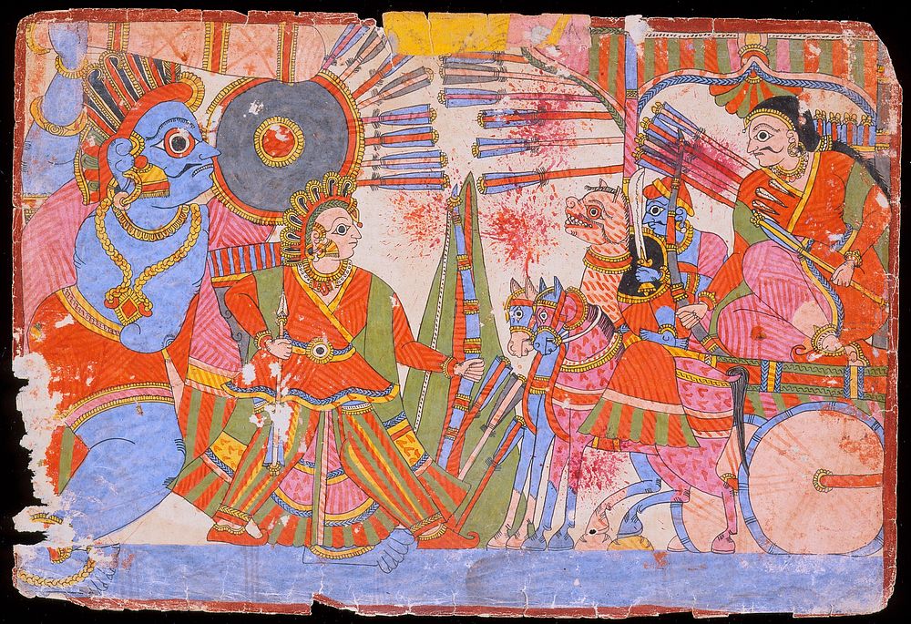 Vrishaketu and Bhima Fighting Yavanatha, Scene from the Story of Babhruvahana, Folio from a Mahabharata ([War of the] Great…