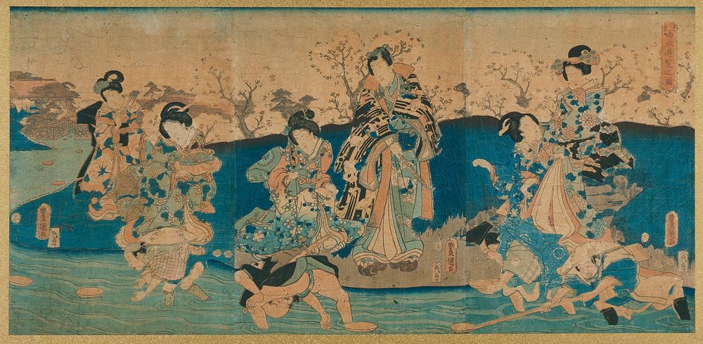Courtesans and a Modern Genji Drinking from Floating Cups by Utagawa Kunisada