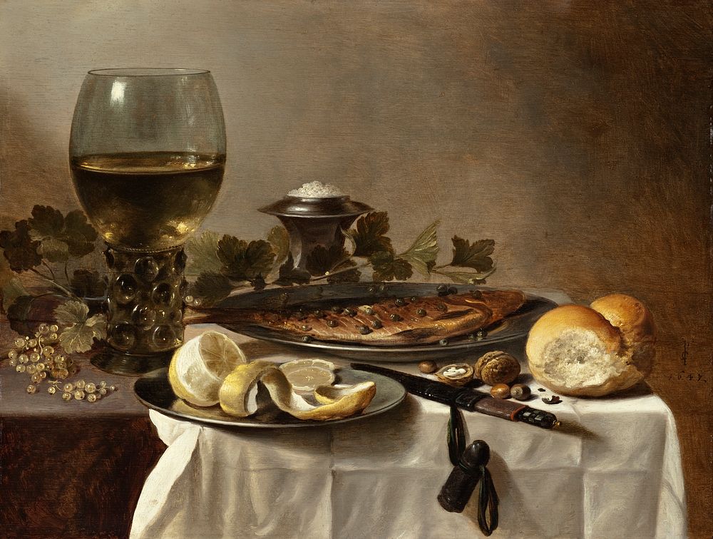 Still Life with Herring, Wine and Bread by Pieter Claesz