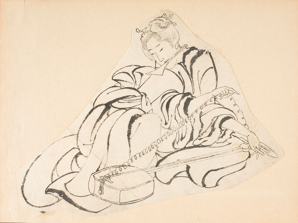Woman restringing a samisen by Katsushika Hokusai