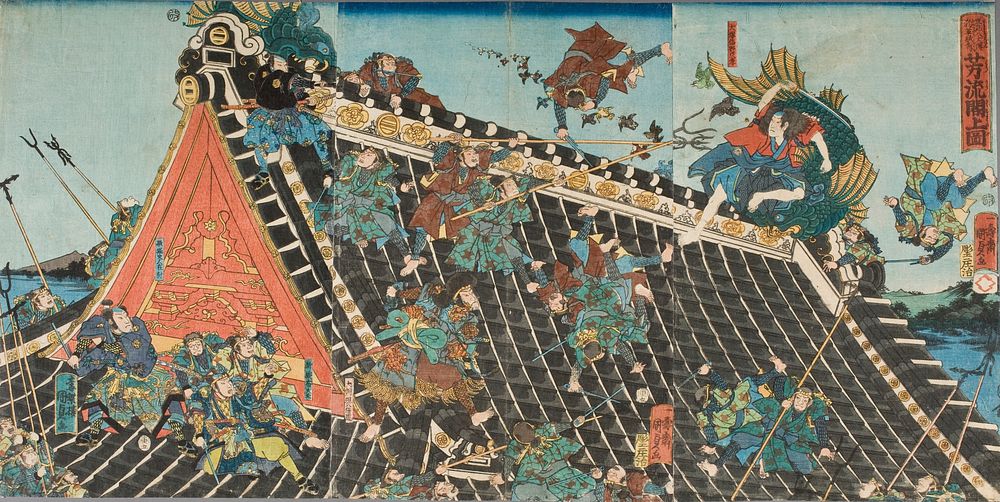 Battle on roof of Hōryūkaku, from the Play "Tale of the Eight Dogs" (Hakkenden) by Utagawa Kunisada II