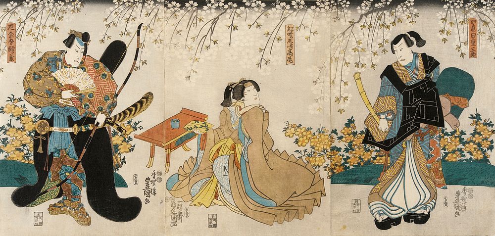 Actors in the Roles of Shimada Shigesaburō, Kugyō ama jitsuwa Takao and Sakingo Yorikane under Cherry Blossoms by Utagawa…