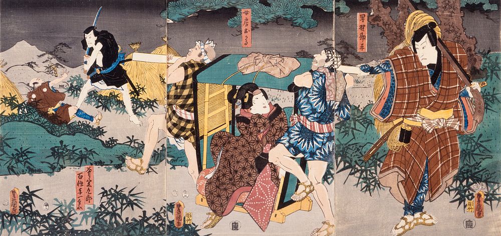 Act V of series The Storehouse of Loyal Retainers, a Primer, with the characters Hayano Kanpei (Shigenji), his wife Okaru…