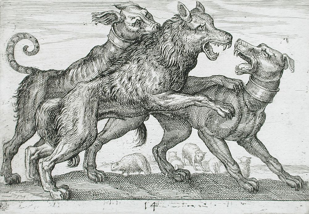 Three Dogs Fighting by Hendrik Hondius I and Antonio Tempesta