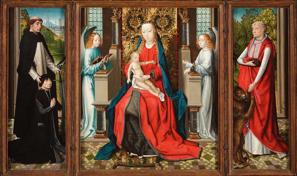 Triptych of Madonna and Child with Angels; Donor and His Patron Saint Peter Martyr; and Saint Jerome and His Lion by Master…
