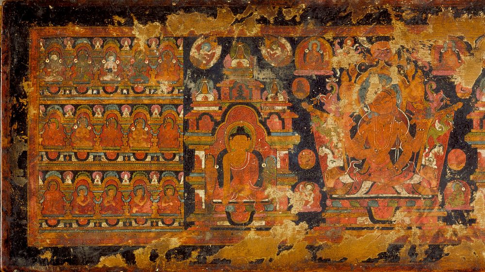 Manuscript Cover with Prajnaparamita Flanked by Buddha Shakyamuni (left) and Amitayus, the Buddha of Eternal Life (right)…