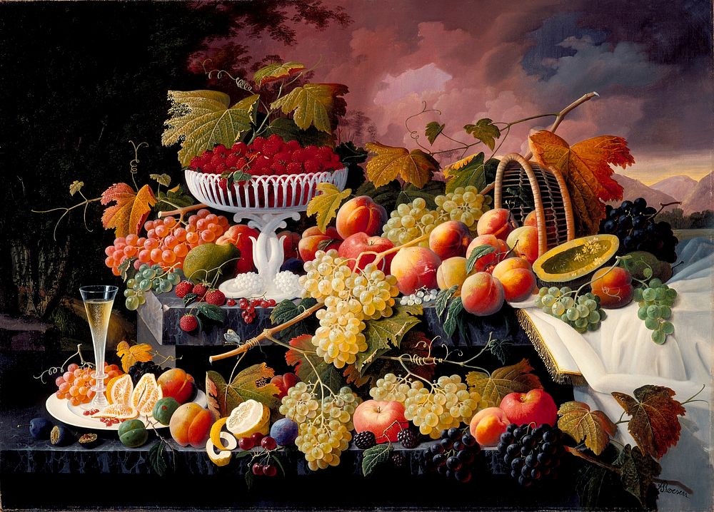 Fruit Still Life in a Landscape by Severin Roesen