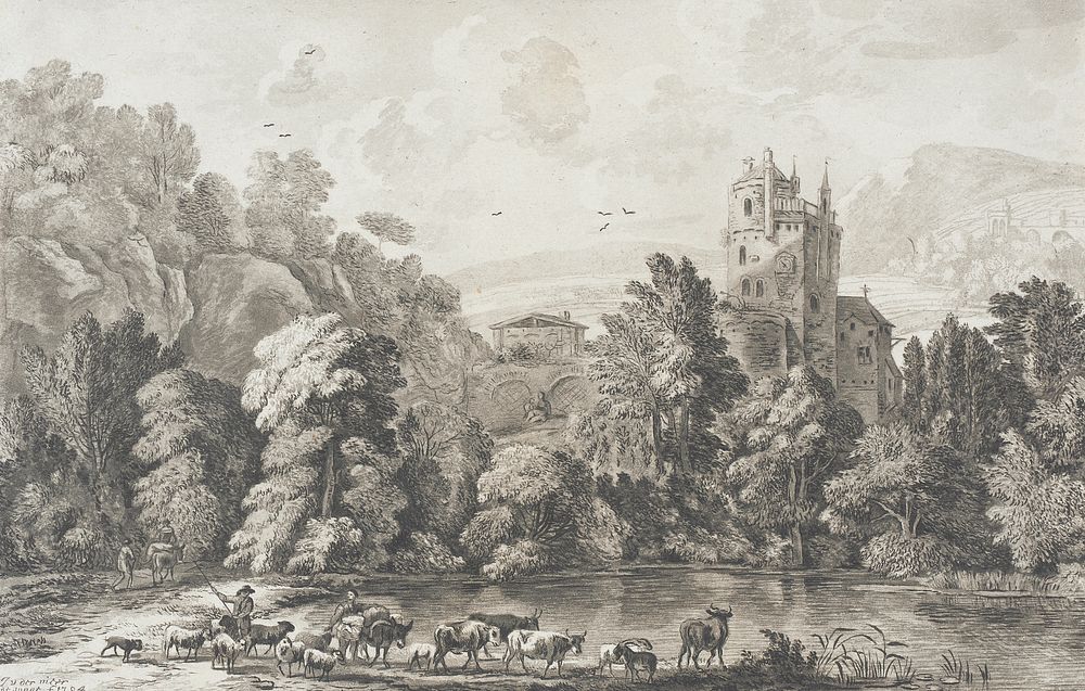 Landscape with Castle and Shepherd Tending Flock by Cornelis Ploos van Amstel and Cornelis Brouwer