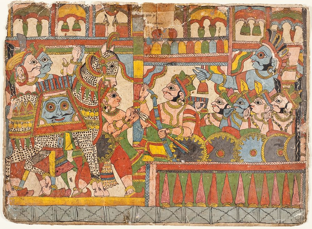 Arjuna Kicks Babhruvahana on the Chest for His Unheroic Act (recto), Babhruvahana Surrenders the Sacrificial Horse…