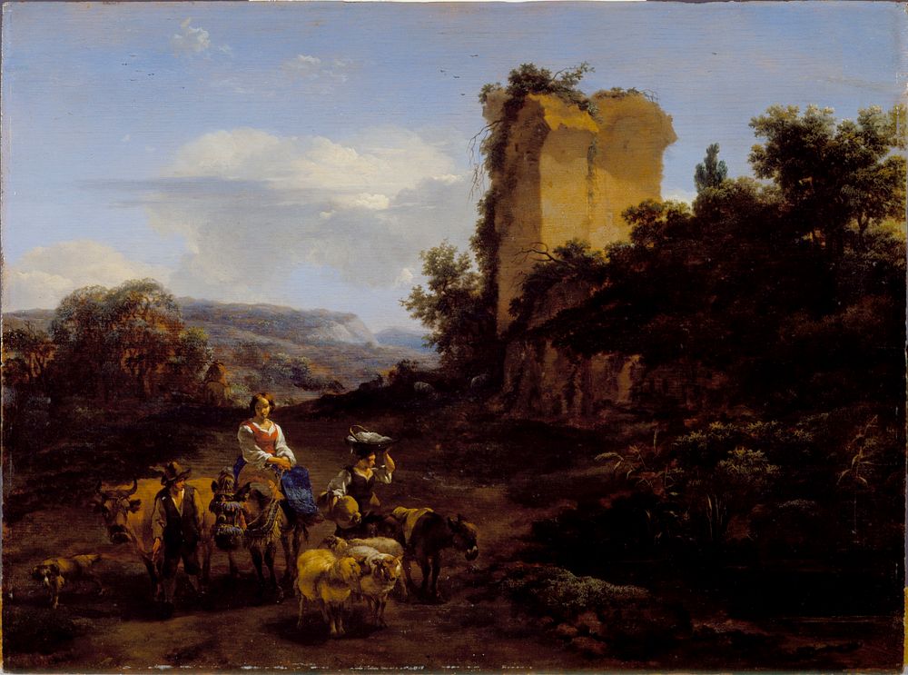 Landscape with Ruins and Travelers by Claes Pietersz Berchem