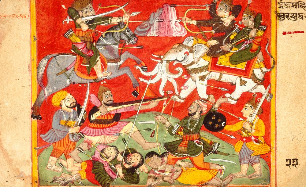 Indra Fighting Mahishasura (Recto), Vishnu Fighting Madhu and Kaitabha (Verso), Folio from a Devimahatmya (Glory of the…