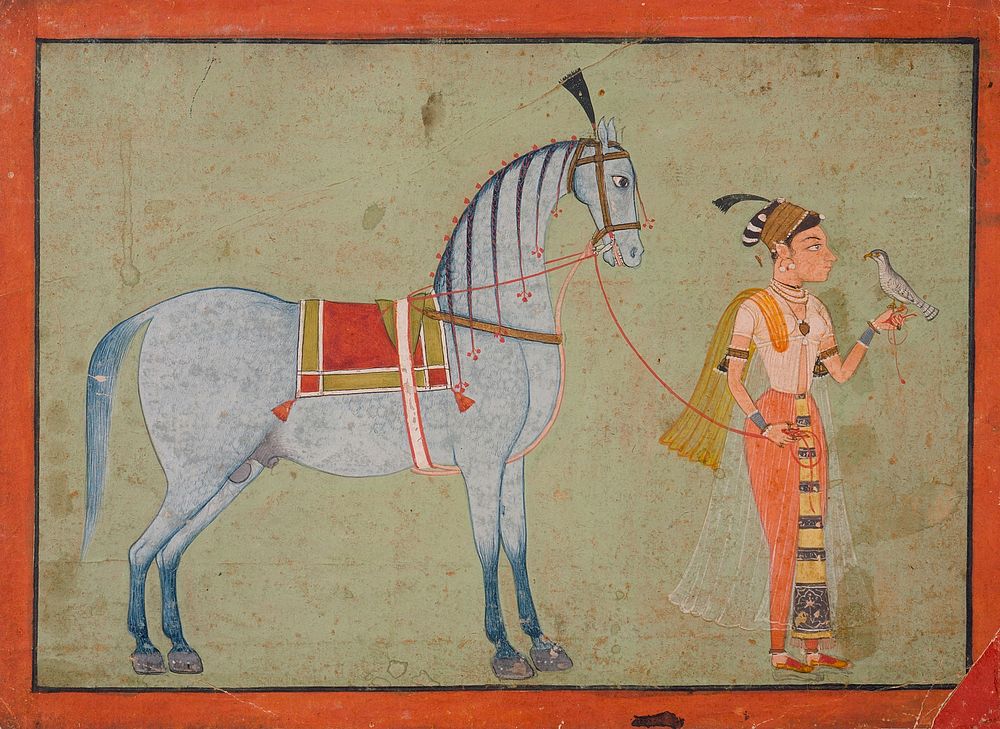 Lady with Falcon Leading a Horse