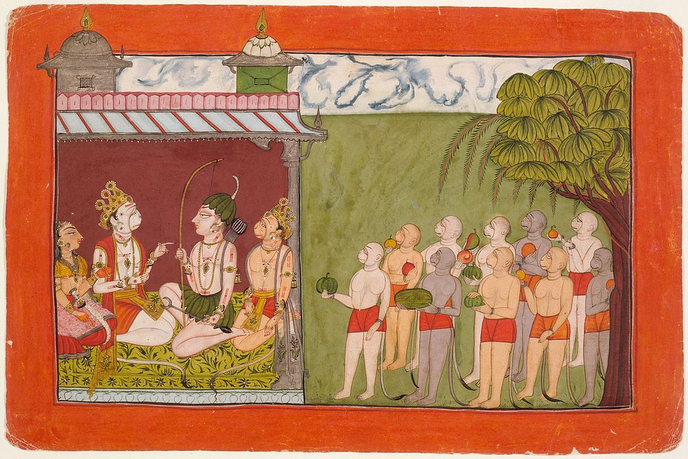 Lakshmana Meets with Tara, Sugriva, and Hanuman in the Palace of Kishkandha, Folio from a Ramayana (Adventures of Rama)