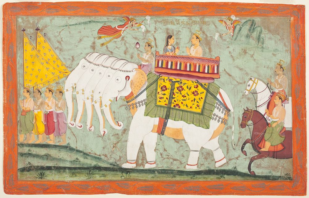 Indra and Sachi Riding the Divine Elephant Airavata, Folio from a Panchakalyanaka (Five Auspicious Events in the Life of…
