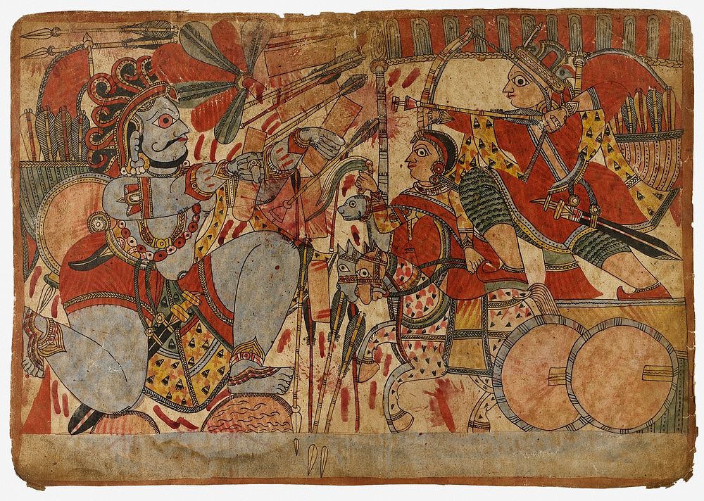 Abhimanyu Shatters Boulder Held by Ghatotkacha, Scene from the Story of the Marriage of Abhimanyu and Vatsala, Folio from a…