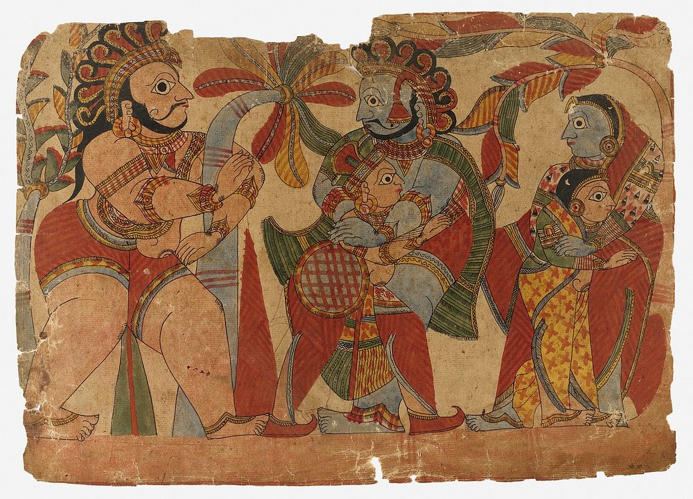 Ghatotkacha Revives and Embraces Cousin Abhimanyu While the Two Mothers also Embrace, Scene from the Story of the Marriage…