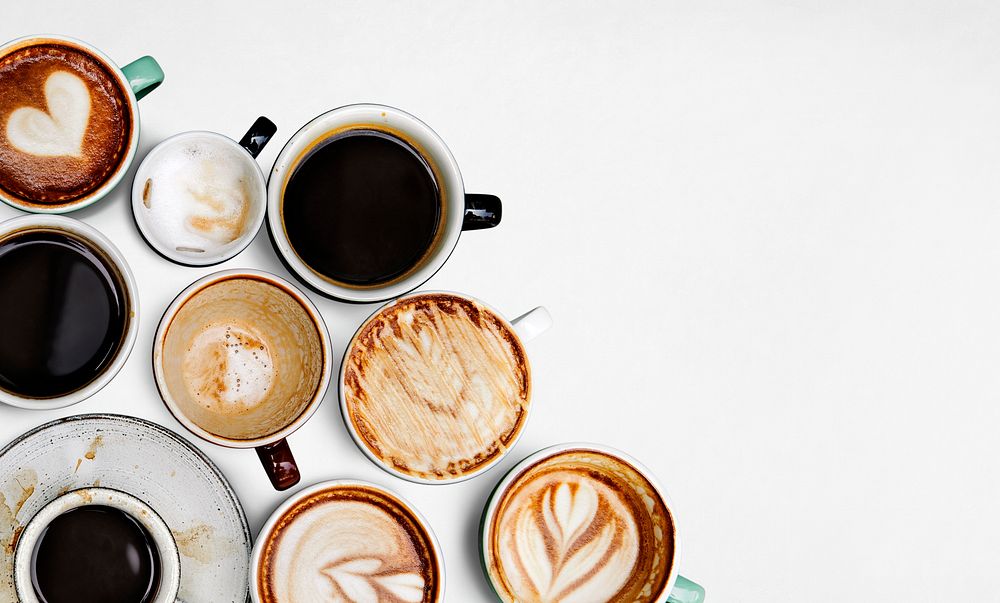 Assorted coffee cups, white background