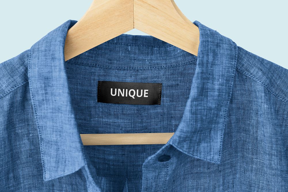 Clothing label mockup, blue linen shirt