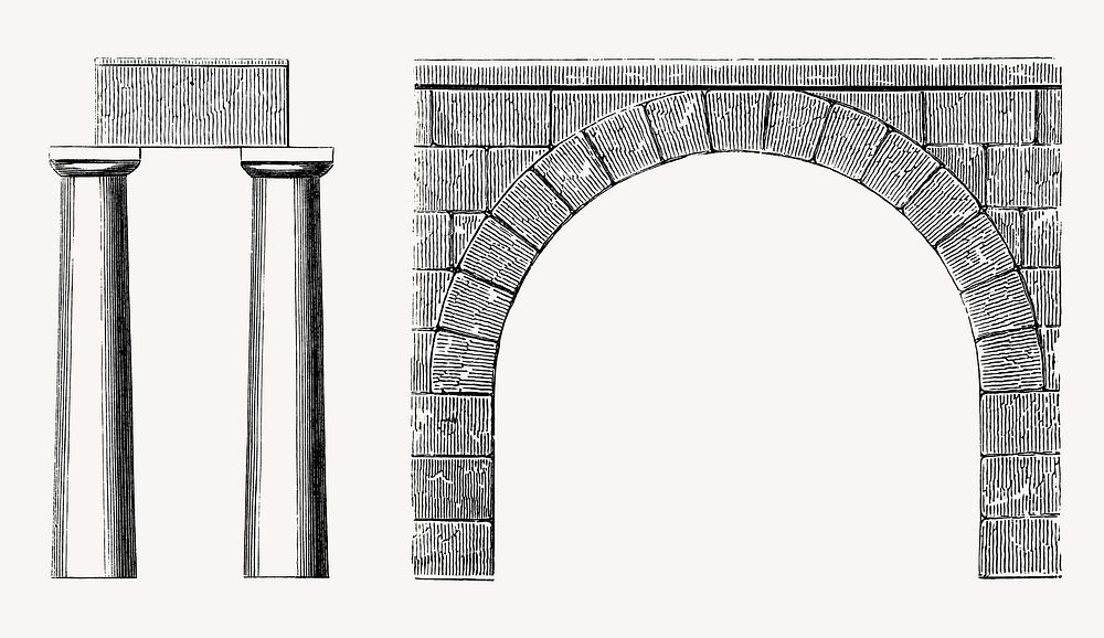 Vintage pillars, black and white illustration