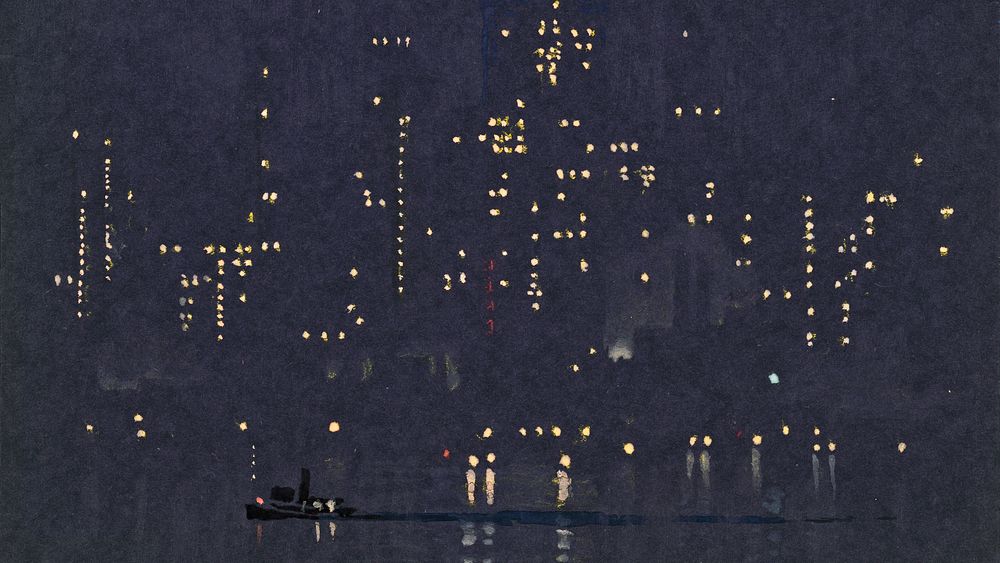 Night lights of Manhattan desktop wallpaper, cityscape painting by Joseph Pennell. Remixed by rawpixel.