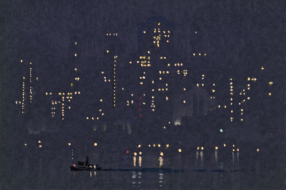 Night lights of Manhattan, cityscape painting by Joseph Pennell. Remixed by rawpixel.