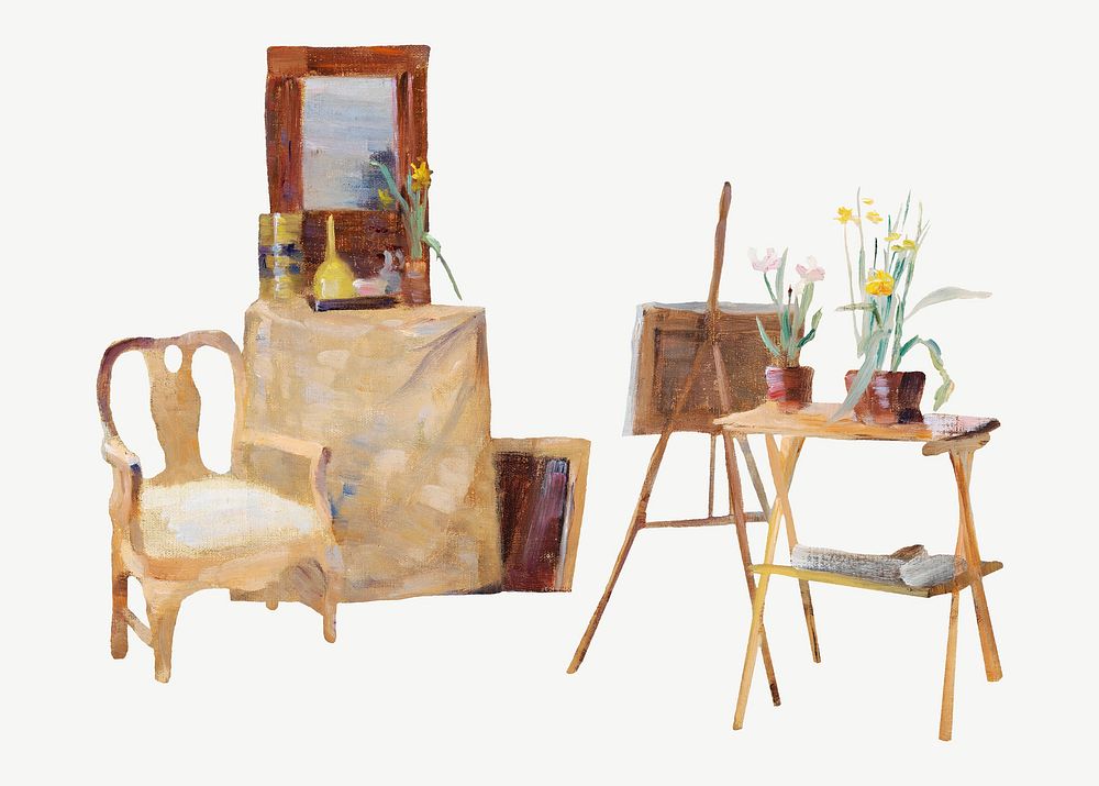 In the atelier, vintage painting spot illustration by Maria Wiik psd. Remixed by rawpixel.