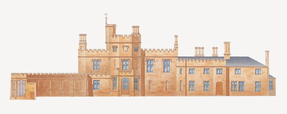 Banner Cross Hall, Sheffield: Elevation, building illustration by Sir Jeffry Wyatville psd. Remixed by rawpixel.