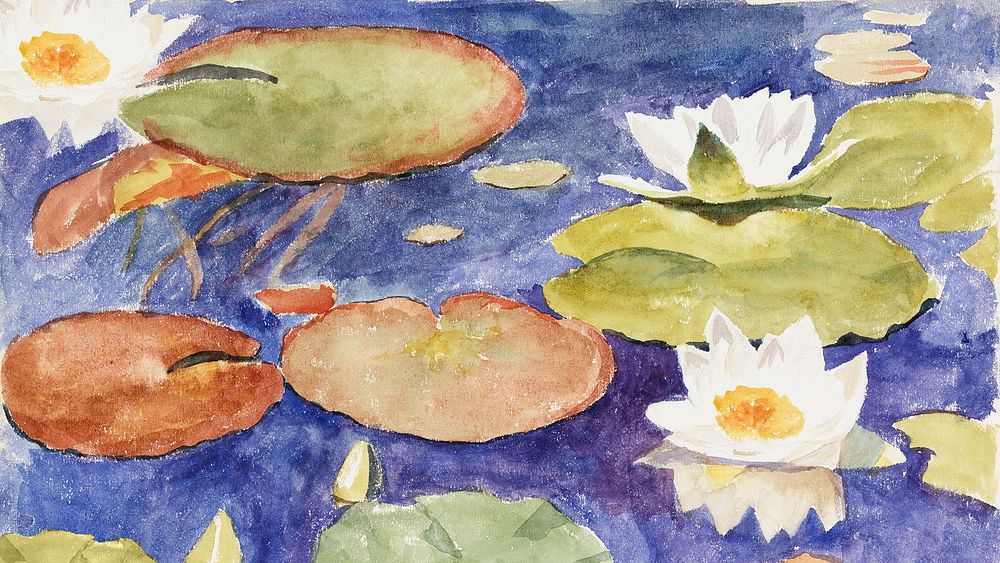 Water lilies desktop wallpaper, watercolor painting. Remixed from Maria Wiik artwork, by rawpixel.