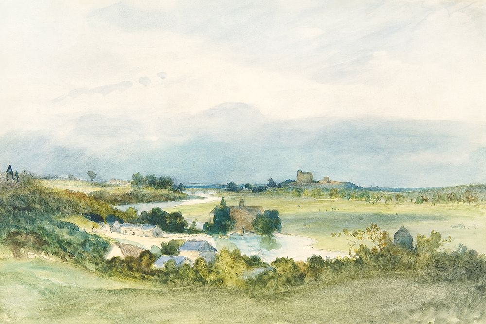 Countryside view background, watercolor painting. Remixed from Antoine Chintreuil artwork, by rawpixel.