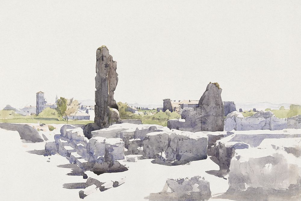 Italian ruins background, watercolor painting. Remixed from Henri Joseph Harpignies artwork, by rawpixel.