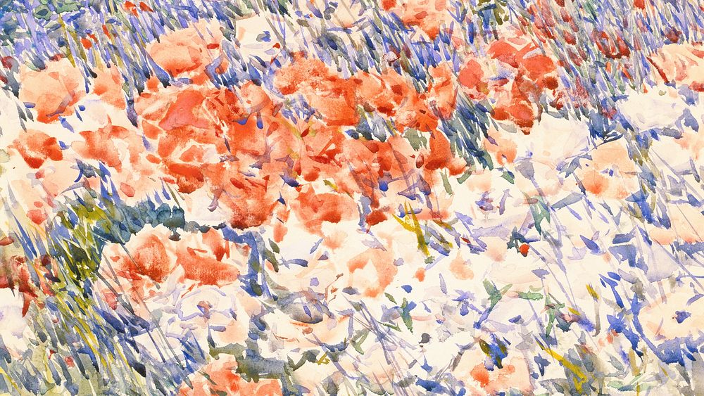 Flower field desktop wallpaper, watercolor painting. Remixed from Childe Hassam artwork, by rawpixel.