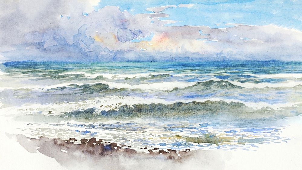 Sea view desktop wallpaper, watercolor painting. Remixed from George Elbert Burr artwork, by rawpixel.