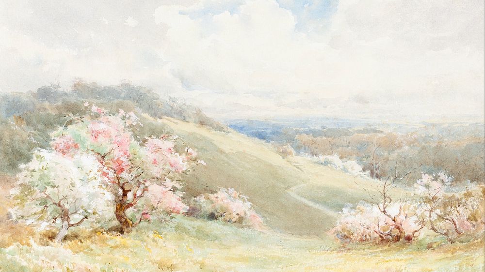 Spring nature desktop wallpaper, watercolor painting. Remixed from Joseph Rubens Powell artwork, by rawpixel.