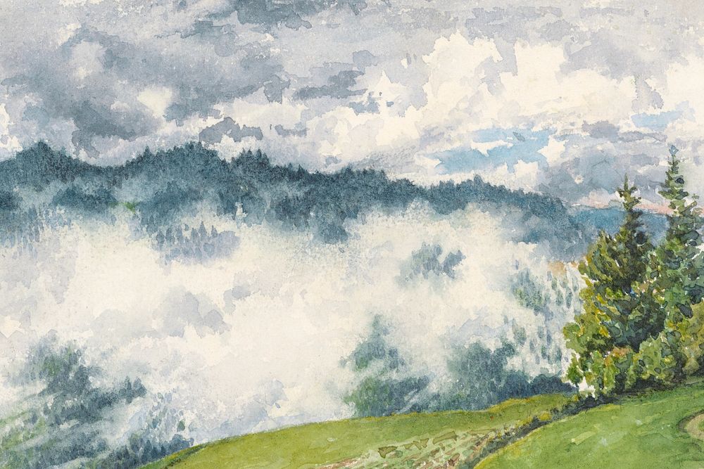 Misty mountain landscape background, watercolor painting. Remixed from vintage artwork by rawpixel.