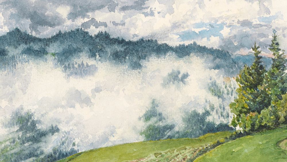 Misty mountain landscape desktop wallpaper, watercolor painting. Remixed from vintage artwork by rawpixel.