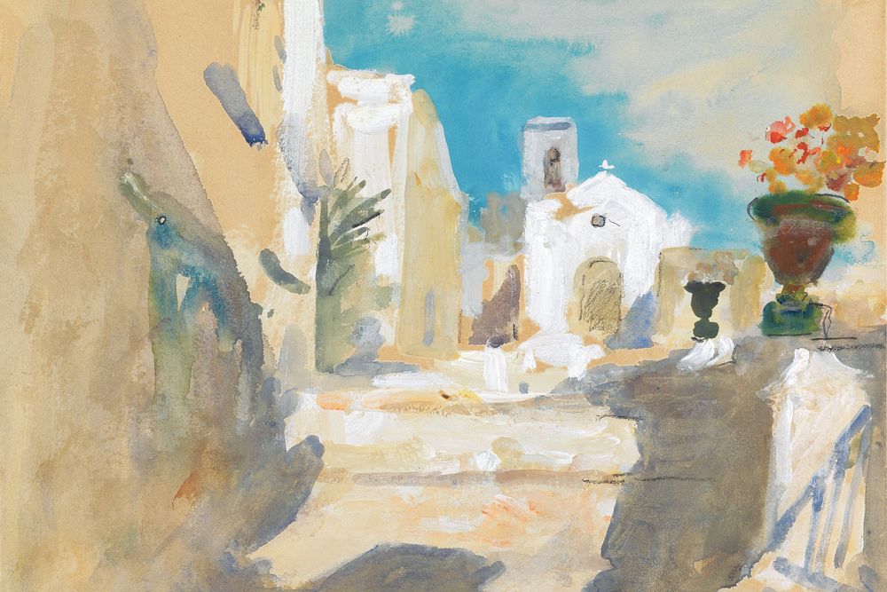 Taormina village background in watercolor. Remixed from Hercules Brabazon Brabazon artwork, by rawpixel.