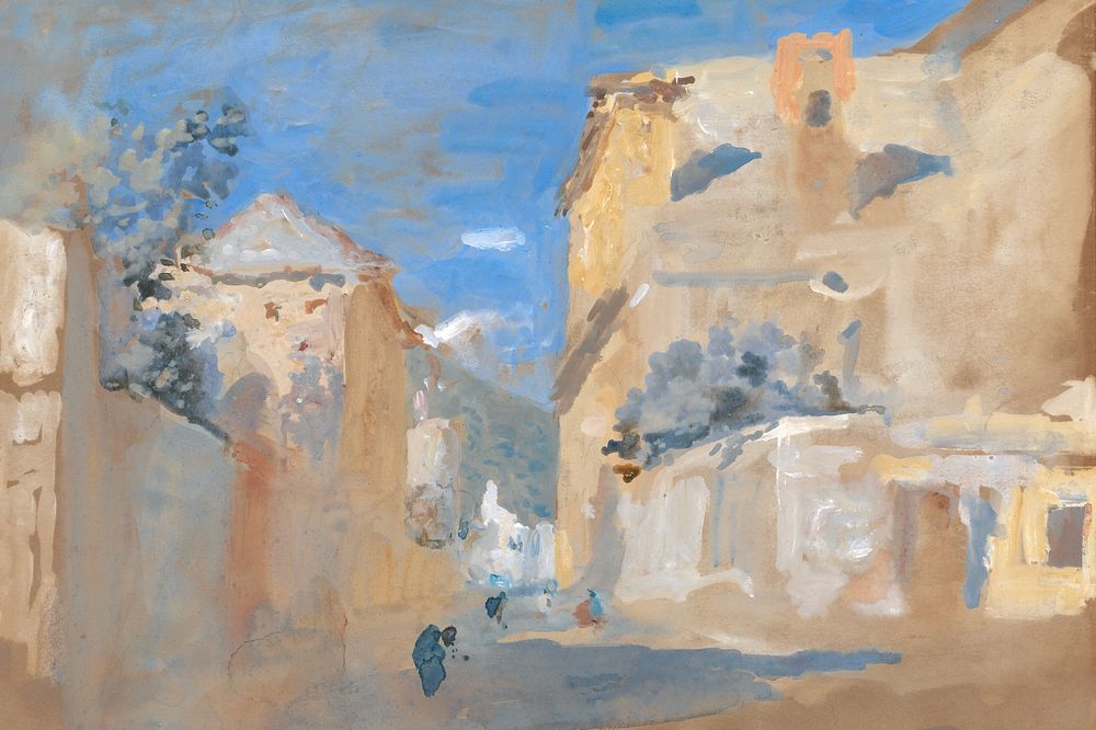 Alassio village background in watercolor. Remixed from Hercules Brabazon Brabazon artwork, by rawpixel.