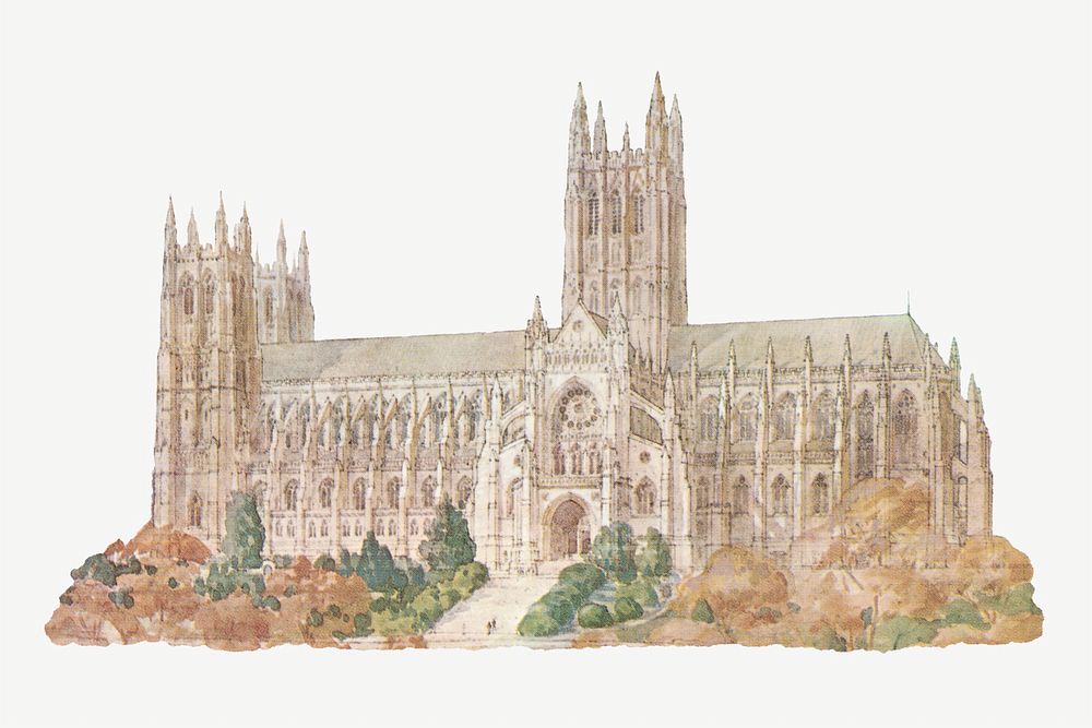 Washington Cathedral watercolor illustration element. Remixed from vintage artwork by rawpixel.